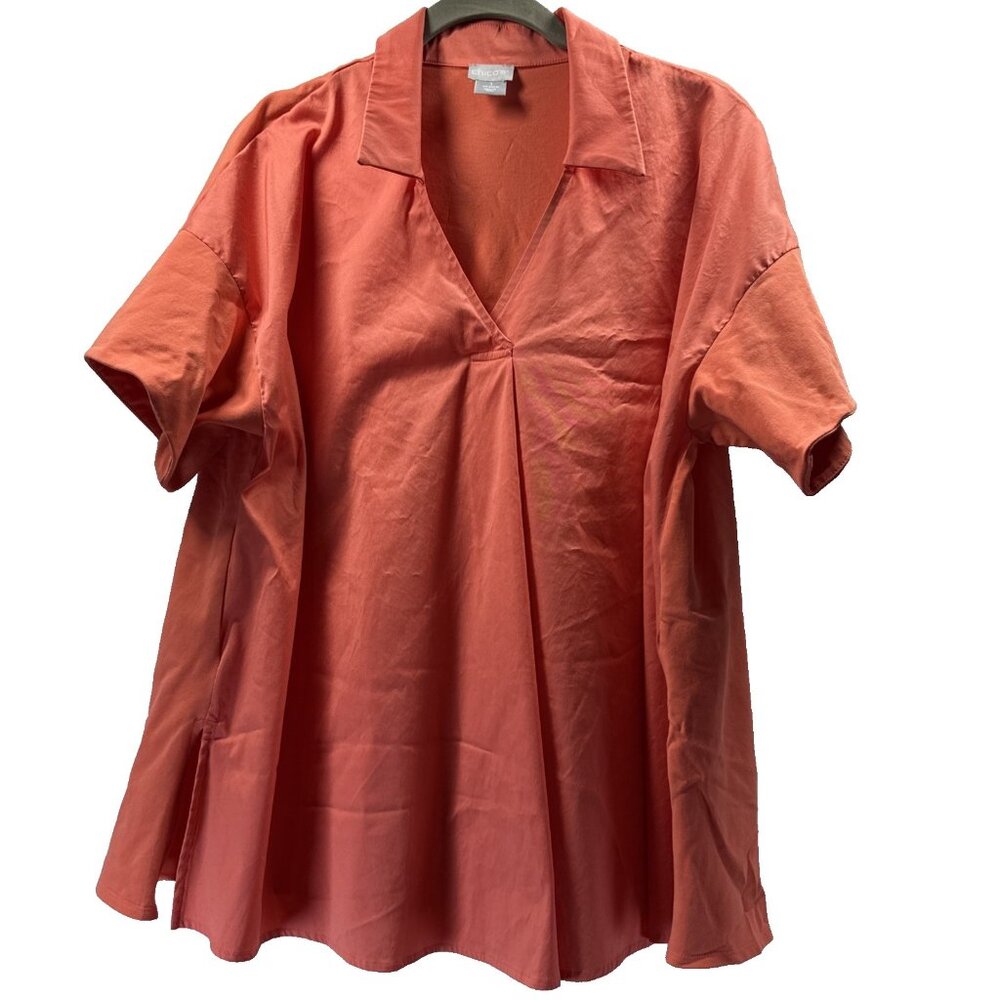 Chicos Women's Top Size Large Solid Orange Short Sleeve Colorful V Neck‎ Popover